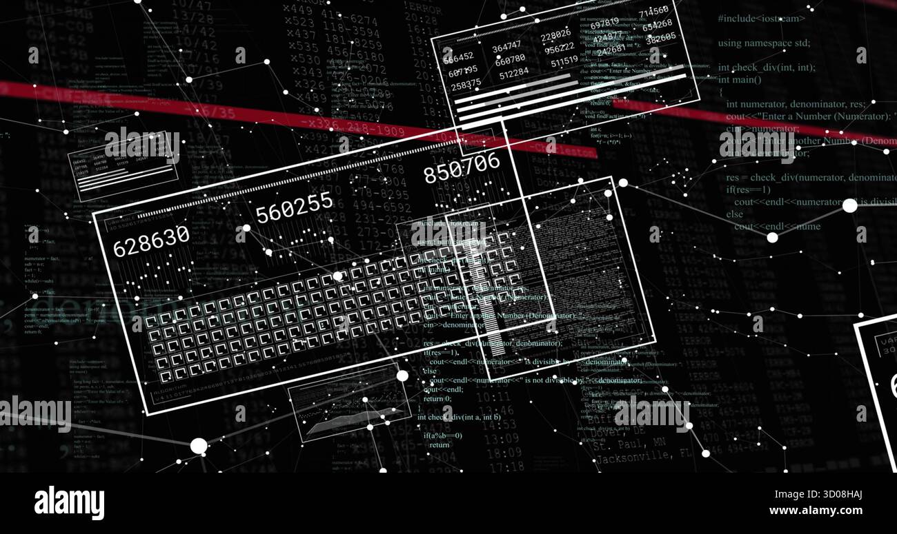 Displaying data panel featuring numeric codes in digital grid, with network graph and red stripe Stock Photo