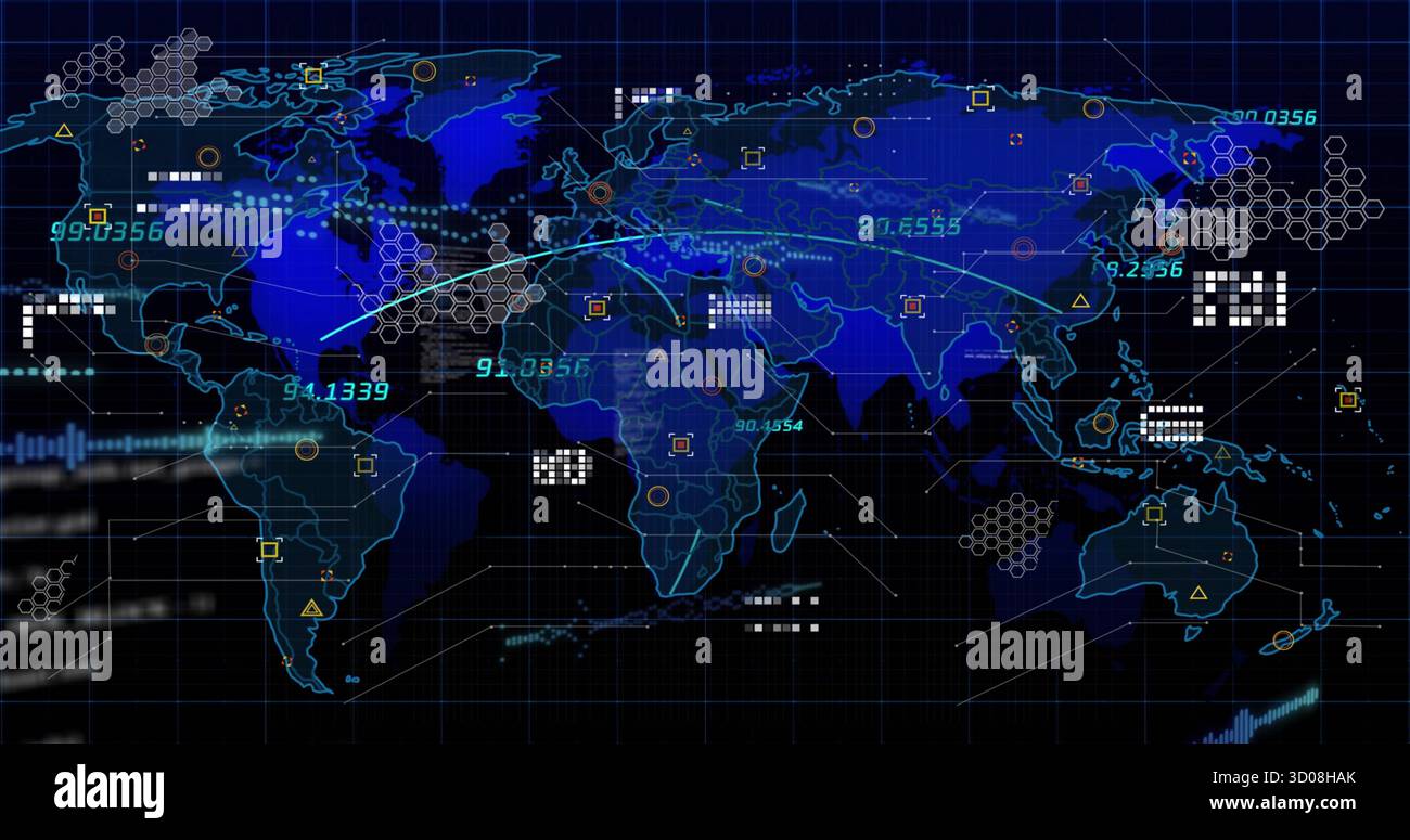 Displaying world map on command center dashboard, with hex grid, curved data lines, numeric labels Stock Photo