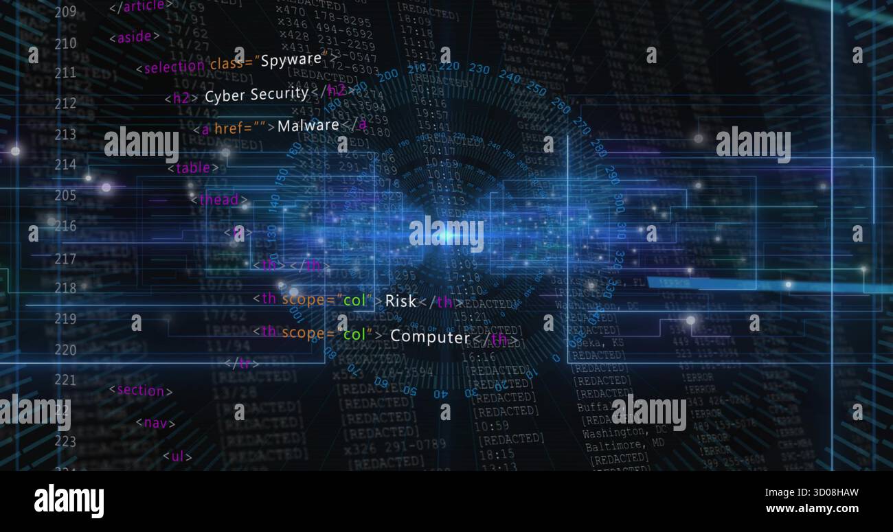 Glowing node sending radial beam across code streams in cyberspace, with spyware malware tags Stock Photo