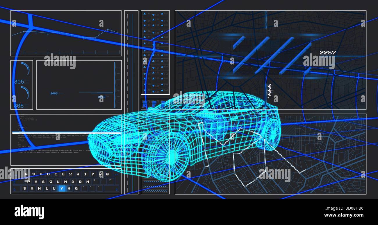 Floating 3D wireframe car model hovering in virtual interface, with numeric displays and hex grid Stock Photo