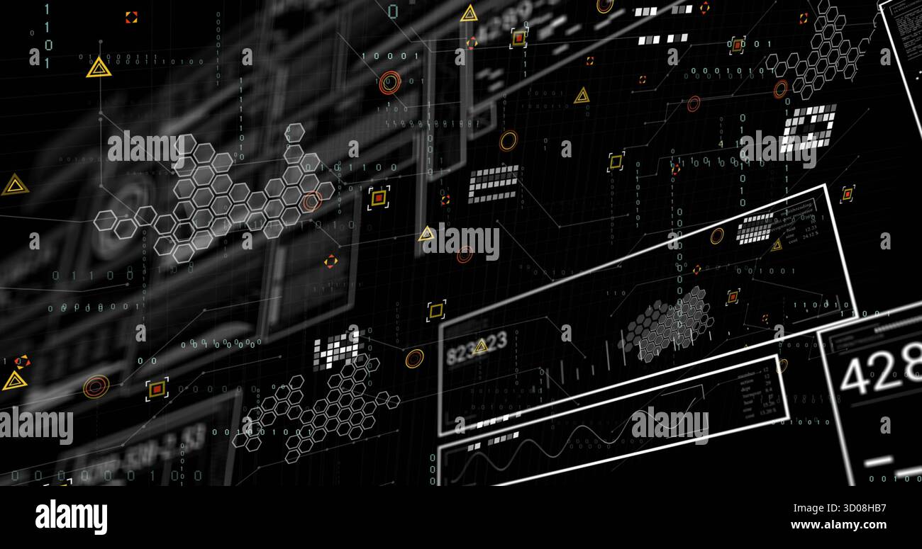 Displaying digital UI in cyberspace, featuring hexagon clusters, warning triangles, binary streams Stock Photo