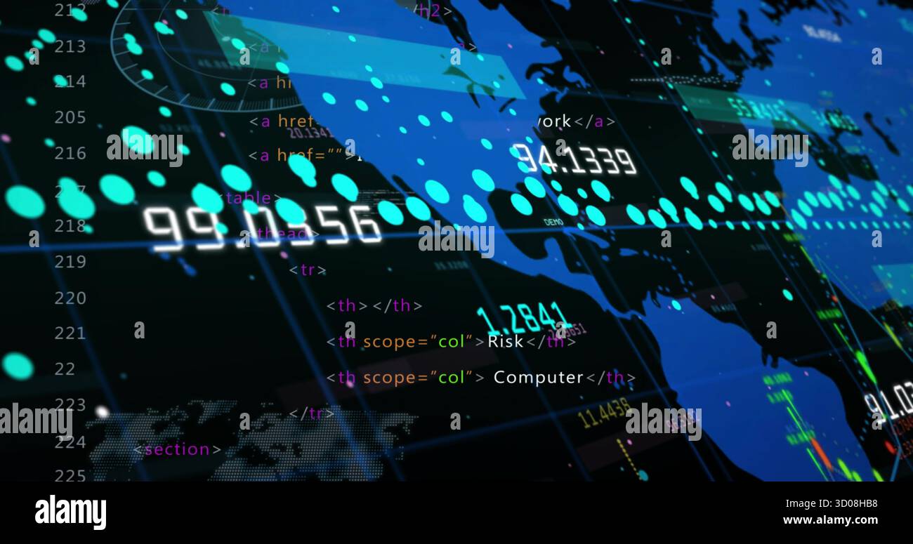 Displaying global map showing data in dashboard interface with numeric cyan overlays, HTML snippets Stock Photo