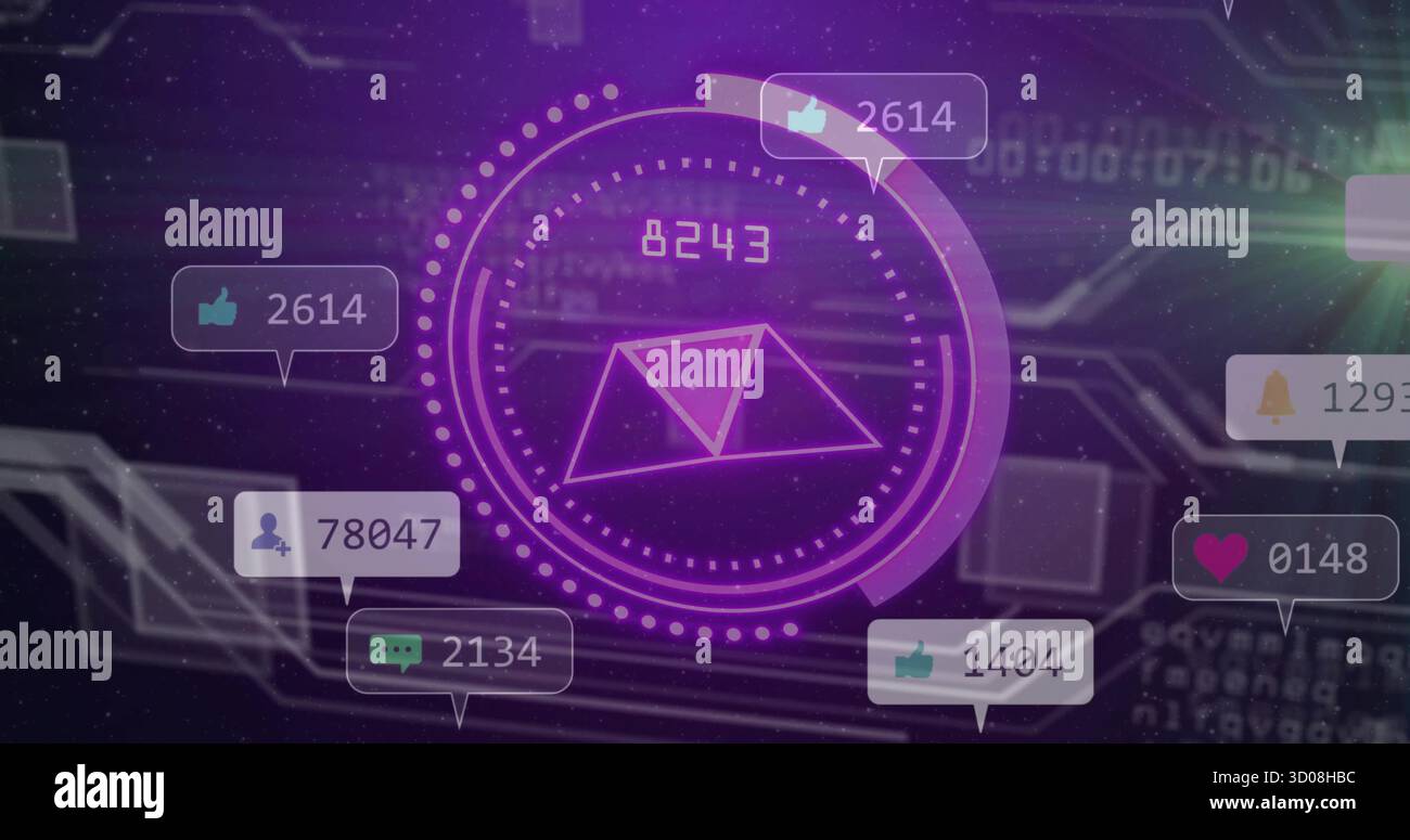 Displaying circular interface with triangular core showing 8243 and notifications on gradient field Stock Photo