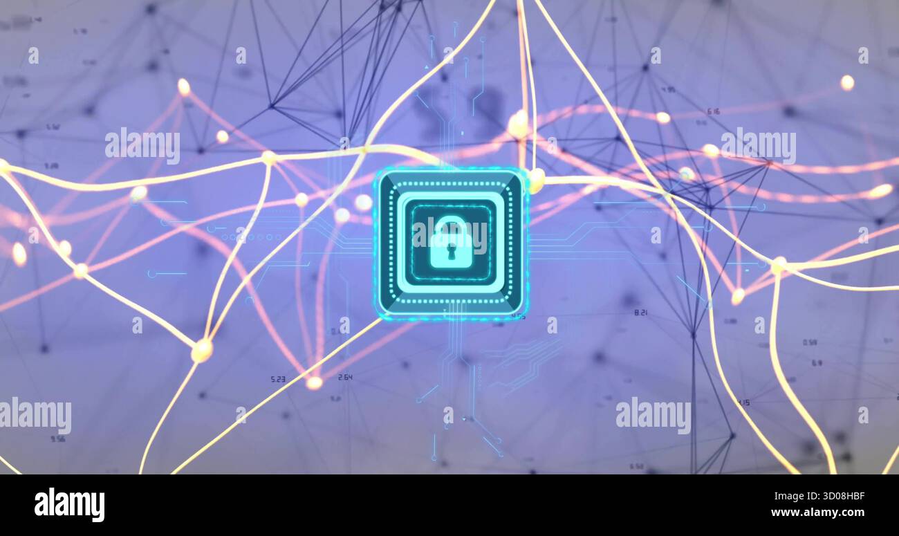 Floating square chip showcasing glowing padlock icon within mesh network, nodes and data streams Stock Photo