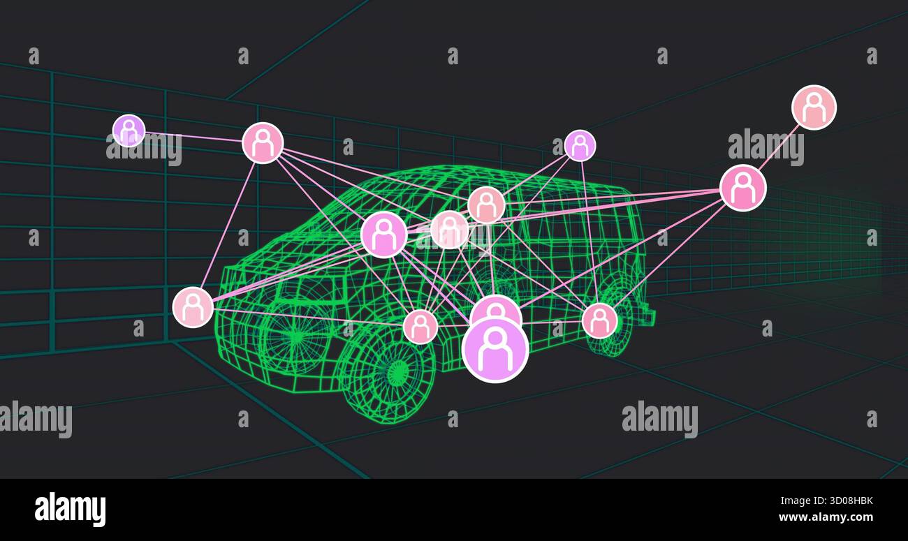 Displaying neon green wireframe minivan model in 3D grid space, showing pink user node network Stock Photo