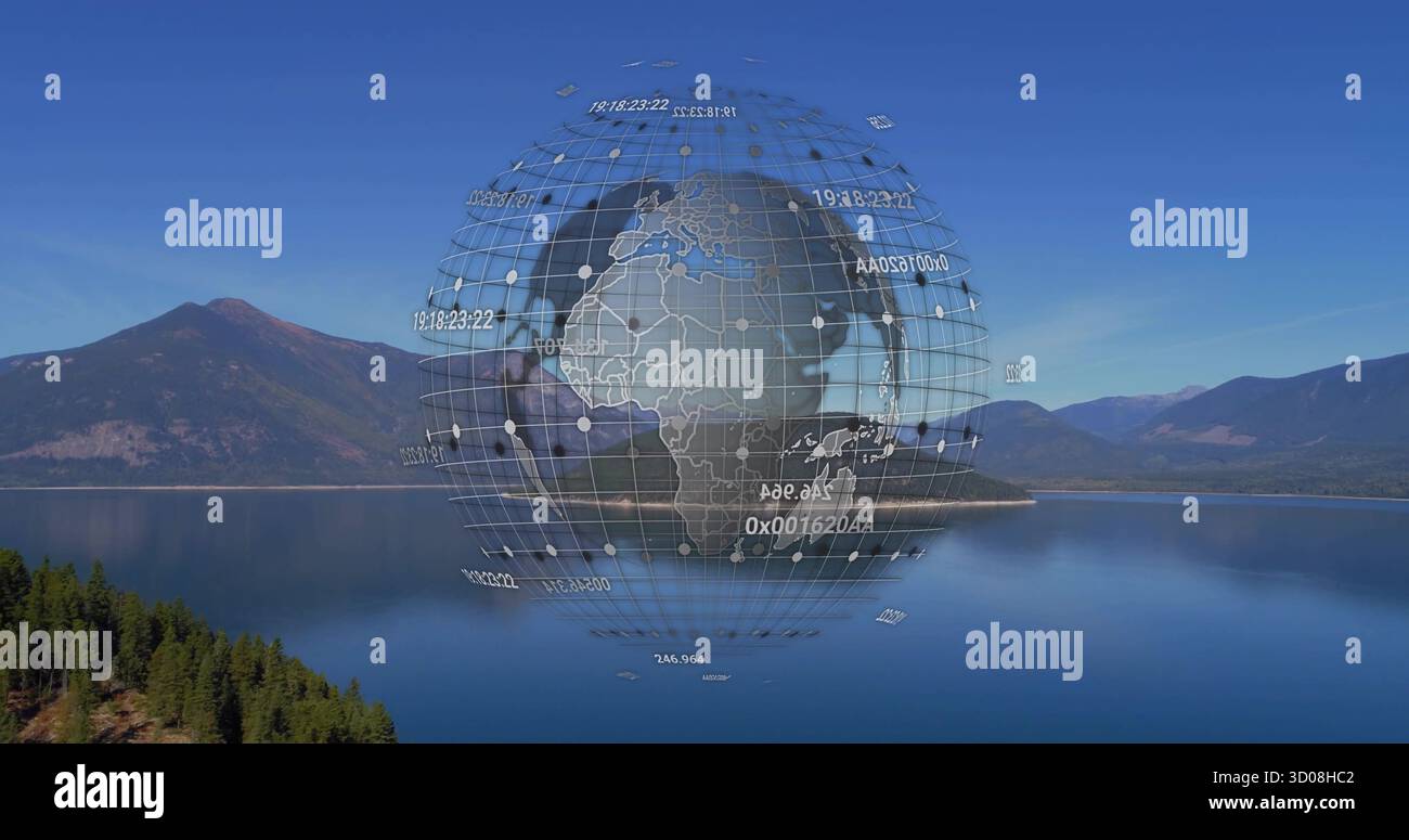 Hovering digital globe wireframe floating above lake in mountain valley, with numeric data labels Stock Photo