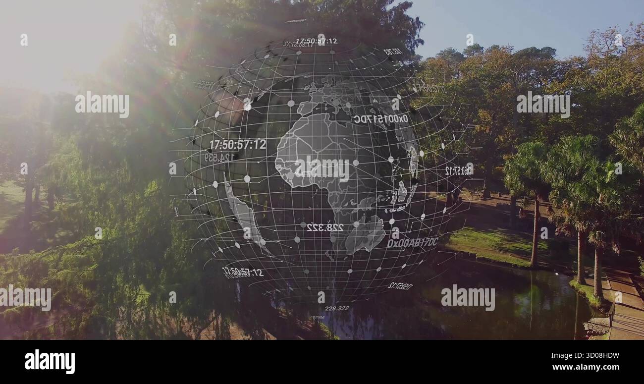 Displaying holographic globe overlaying pond and walkway in urban park, showing data points Stock Photo