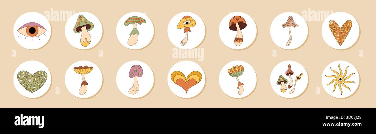 Groovy Retro Psychedelic Mushroom Sticker Set Stock Vector