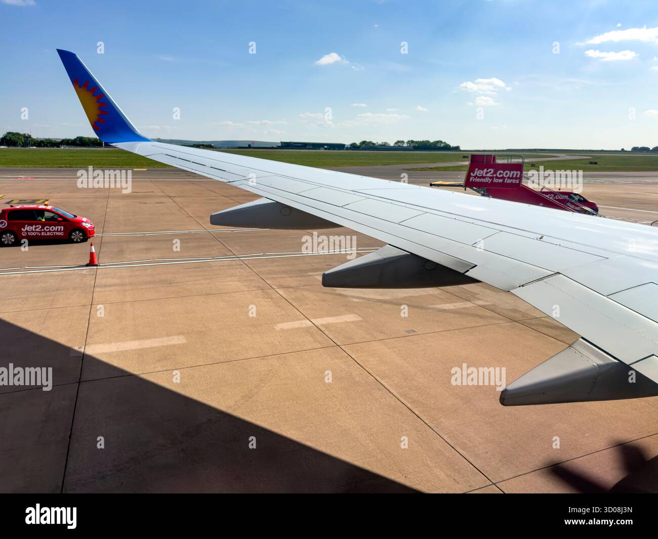 View through airplane window during departure from Bristol Airport aboard a Jet2holidays flight to Ibiza, 18 May 2025 - Smartphone Captured Stock Image