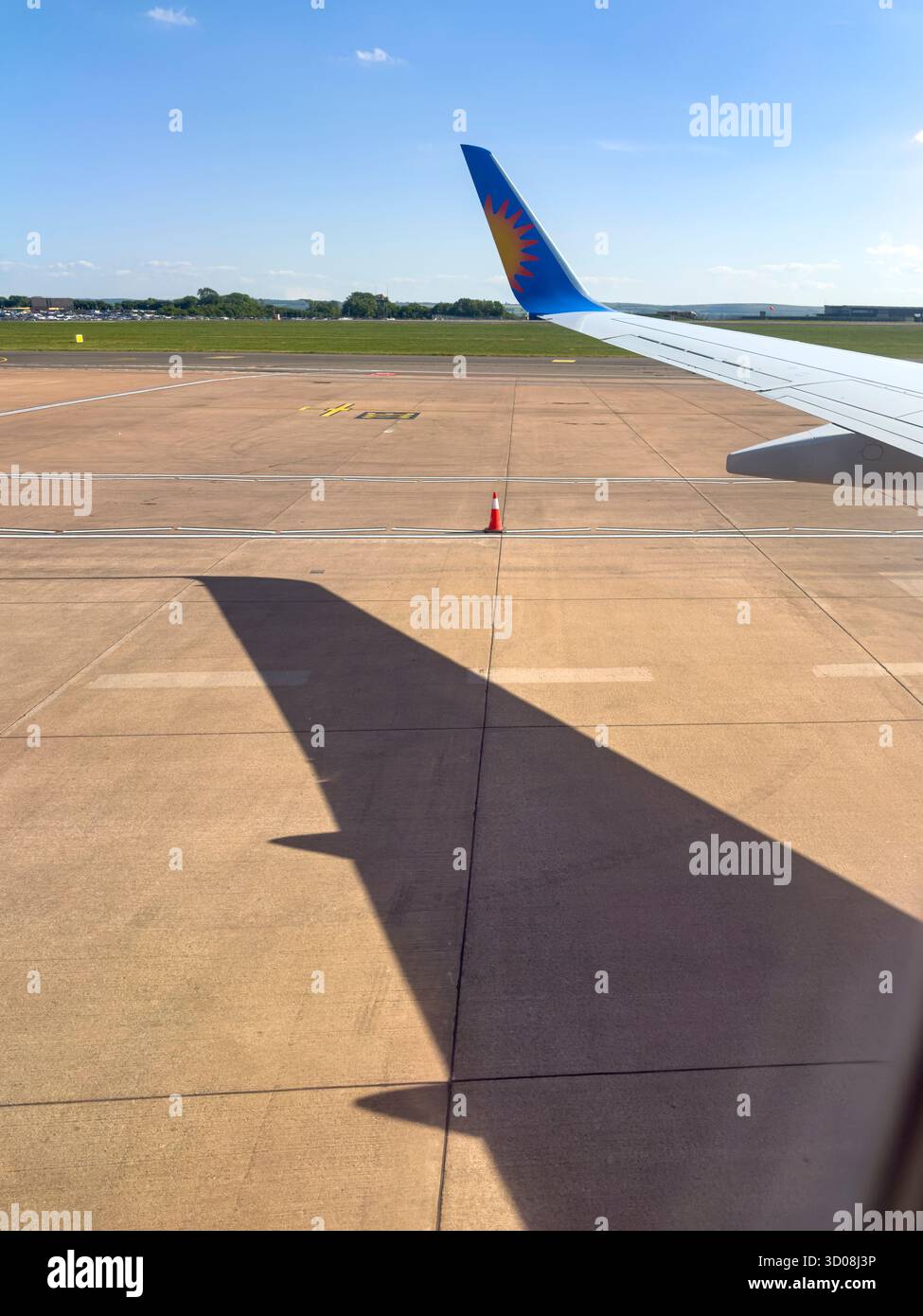 View through airplane window during departure from Bristol Airport aboard a Jet2holidays flight to Ibiza, 18 May 2025 - Smartphone Captured Stock Image
