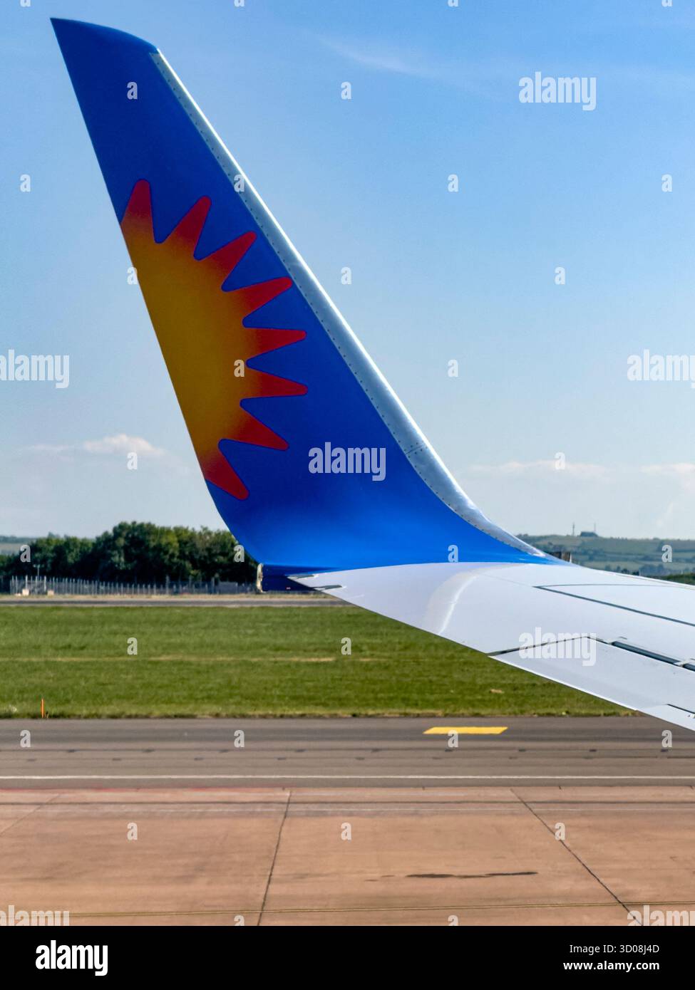 View through airplane window during departure from Bristol Airport aboard a Jet2holidays flight to Ibiza, 18 May 2025 - Smartphone Captured Stock Image