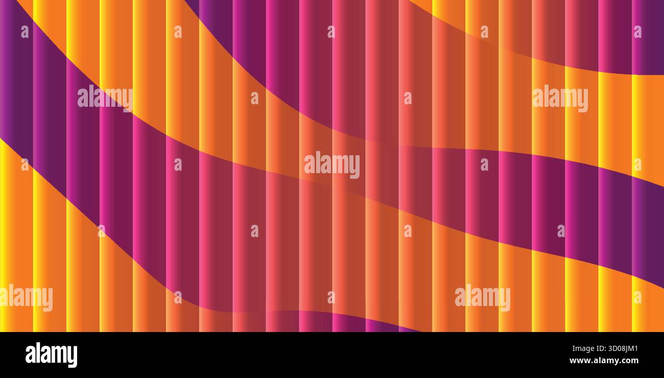 Vibrant abstract background with flowing curved stripes in shades of purple orange and yellow creating a dynamic and energetic visual effect. - Stock Image