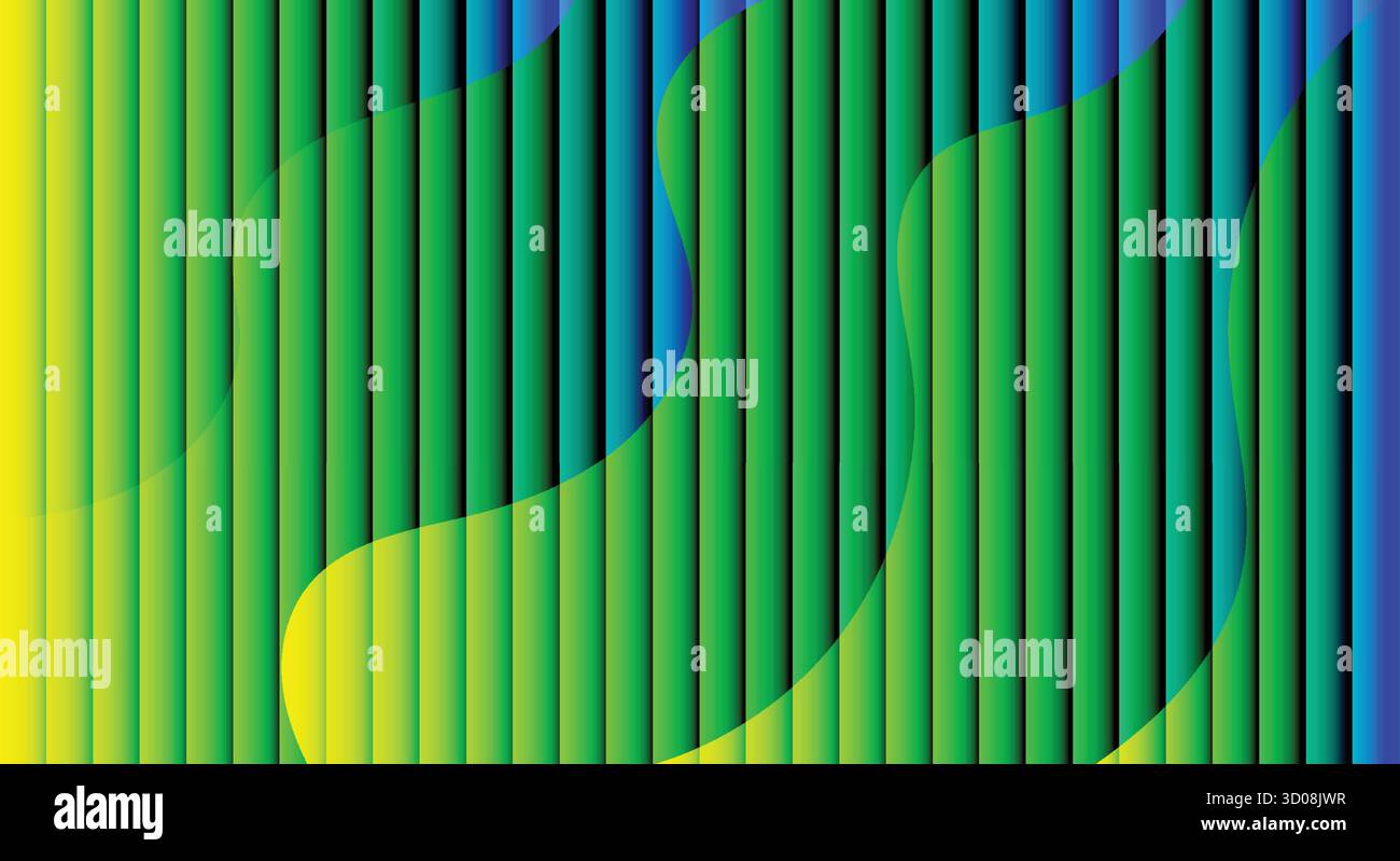 Vibrant abstract background with vertical green blue and yellow stripes creating a dynamic gradient effect with subtle organic shapes overlayed. - Stock Image