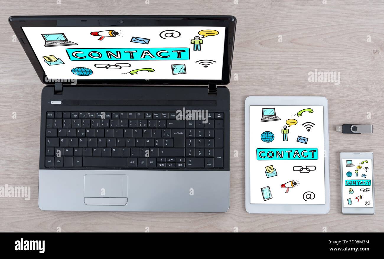 Contact concept shown on different information technology devices Stock Photo