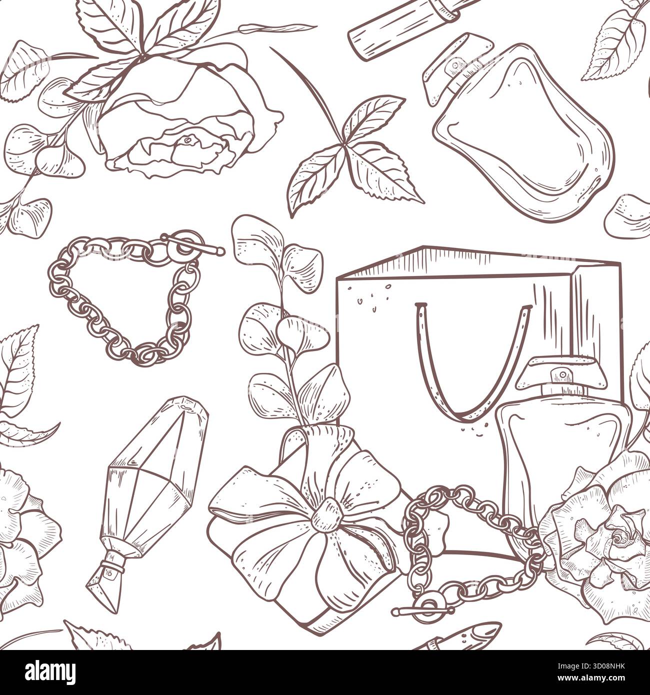 Feminine Pattern Black White Vector Seamless with flowers. Shopping paper bags, gift boxes with bows and perfume bottles in line art. Womens gifts on Stock Vector