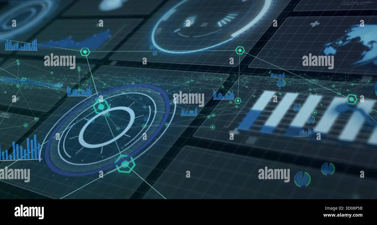 Displaying interface featuring rotating concentric chart over grid, bar charts and node line graphs Stock Photo