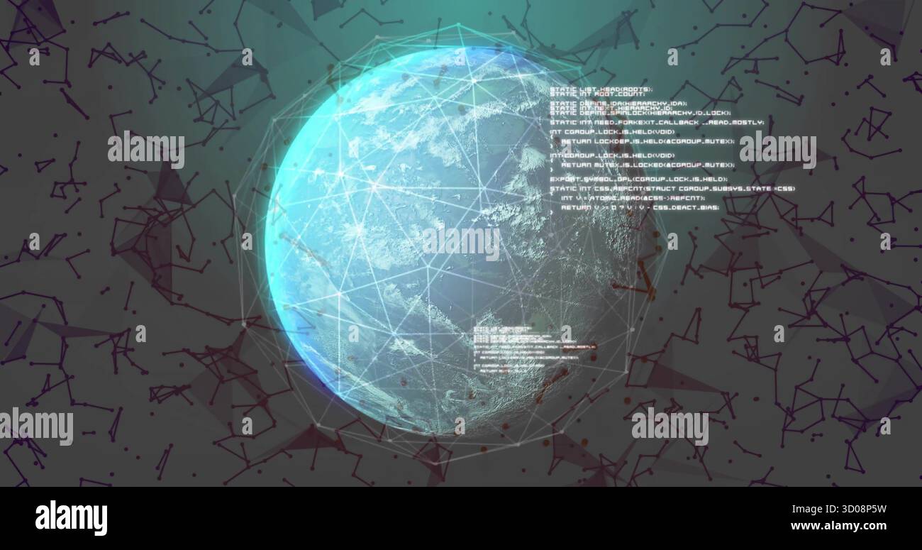 Displaying digital globe hovering in abstract network space, with code snippets and node clusters Stock Photo