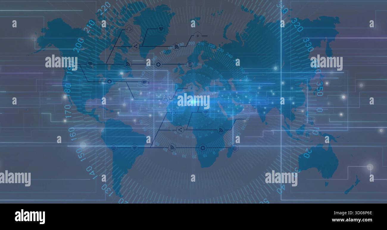 Displaying world map on heads-up display with glowing data network, light burst, grid overlay Stock Photo