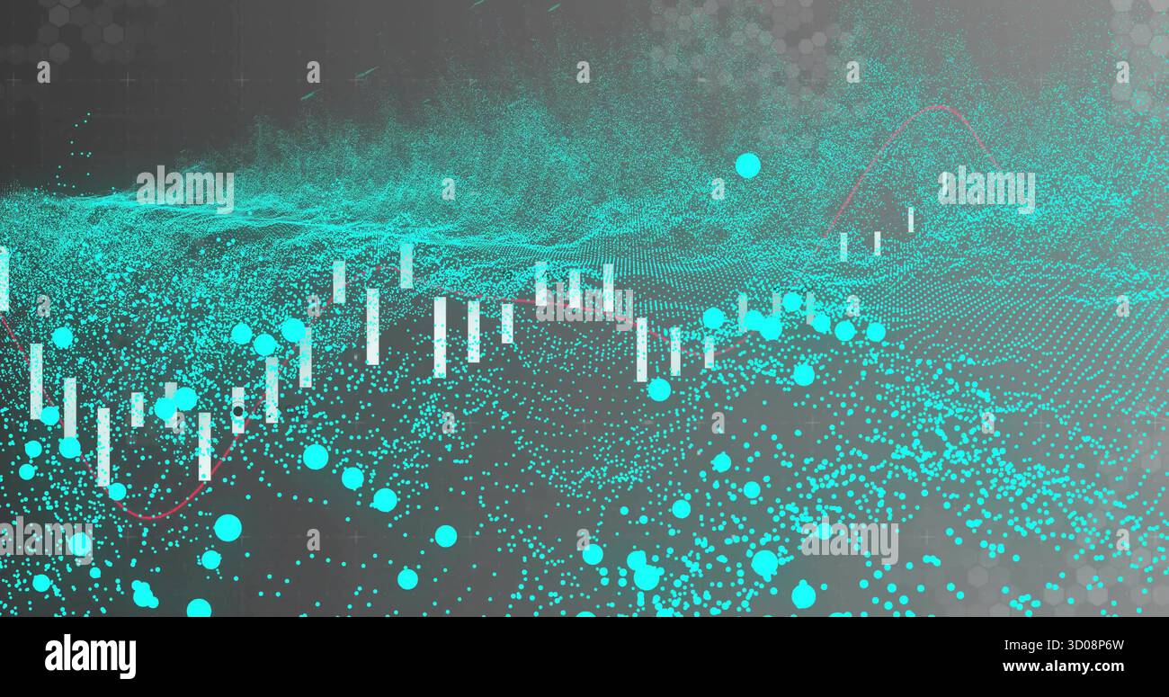 Showing 3D data on grid, with white candlesticks, turquoise dots, red line, floating waveforms Stock Photo