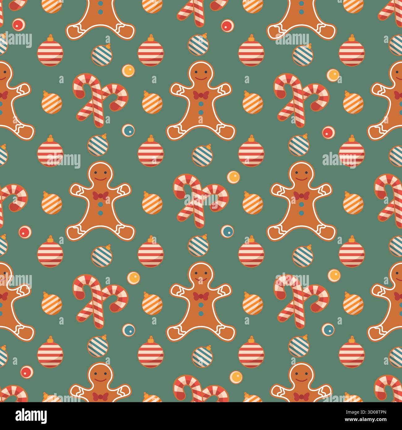 Christmas-themed seamless pattern featuring gingerbread men, candy canes, and ornaments vector Stock Vector