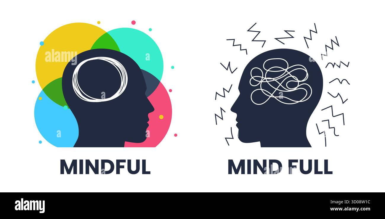 Mindful vs mind full. 2 heads with different thinking. Vector illustration Stock Vector