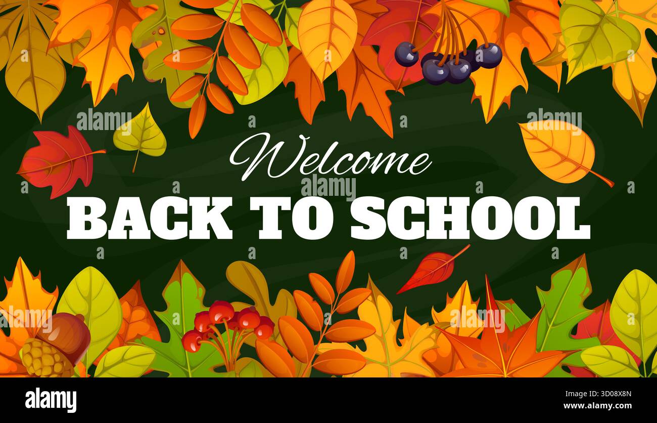 Back to school banner with autumn fall leaves and berries vector border ...