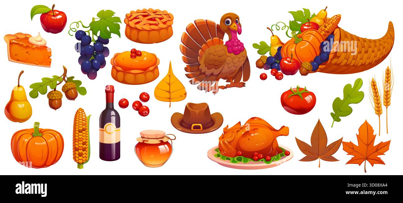 Happy Thanksgiving Day autumn harvest food and turkey character, vector ...