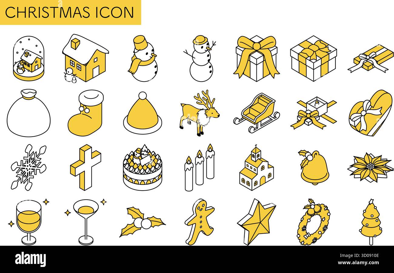 Christmas line drawing icon set Cute isometric illustrations of snowmen, trees, wreaths, and other cute winter isometric illustrations, Vector Illustr Stock Vector