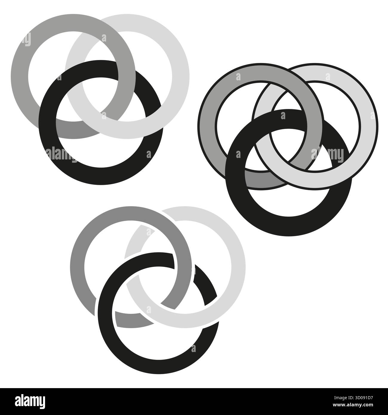 Overlapping circle shapes. Intertwined round rings. Grey shadow effect. Vector abstract geometry. EPS 10. Stock Vector