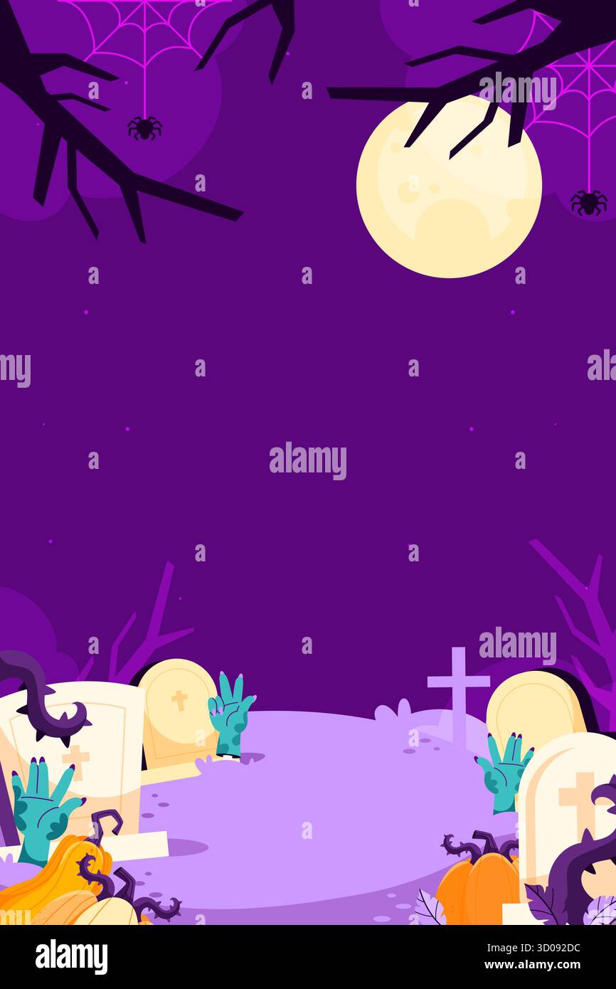 Graveyard scene with zombie hands moon and pumpkins in cartoon style ...