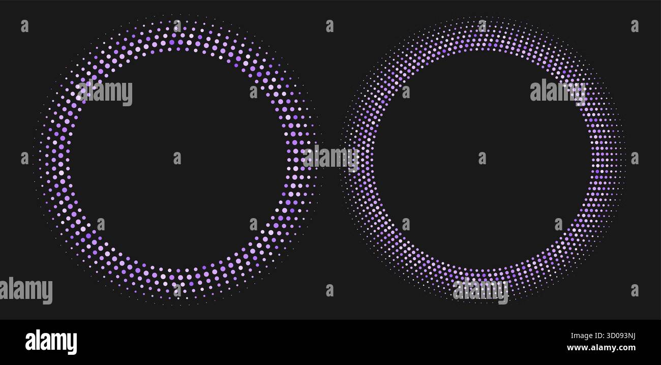 Purple halftone frames, retro circle borders, round pattern with dots, radial disco luxury design element. Stock Vector