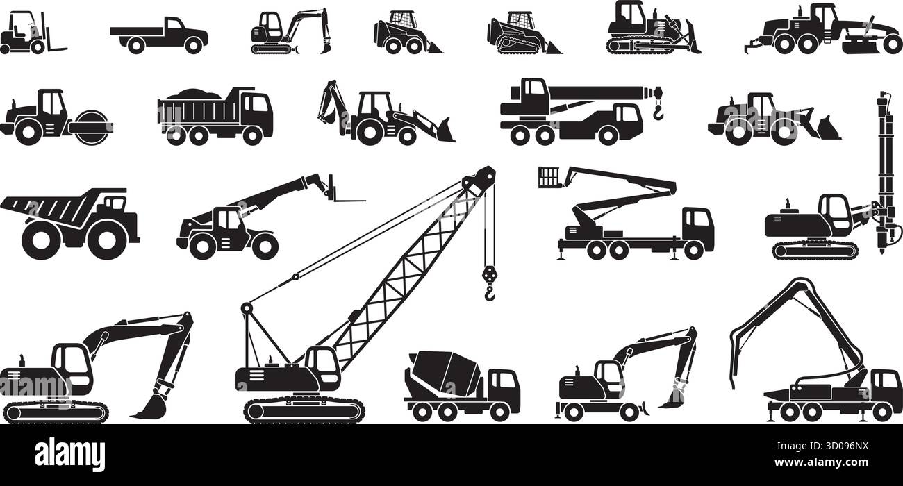 simple large construction vehicle silhouette simplified side view vector set on transparent background Stock Vector