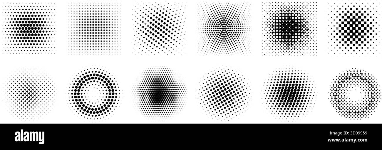 Halftone gradient collection. Dotted textured round and square patterns. Cartoon faded background set. Pixelated bitmap element pack for frame, poster, collage, banner. Vector comic bundle Stock Vector