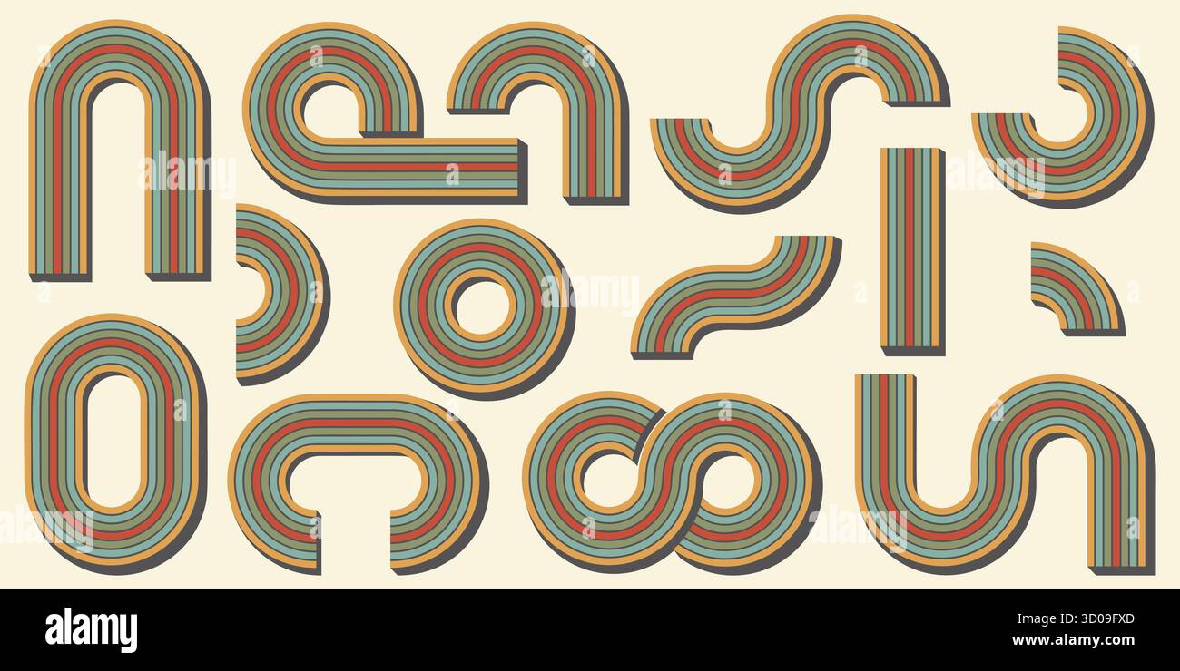Abstract rainbow shapes. Retro 70s graphic for poster. Vector arches ...