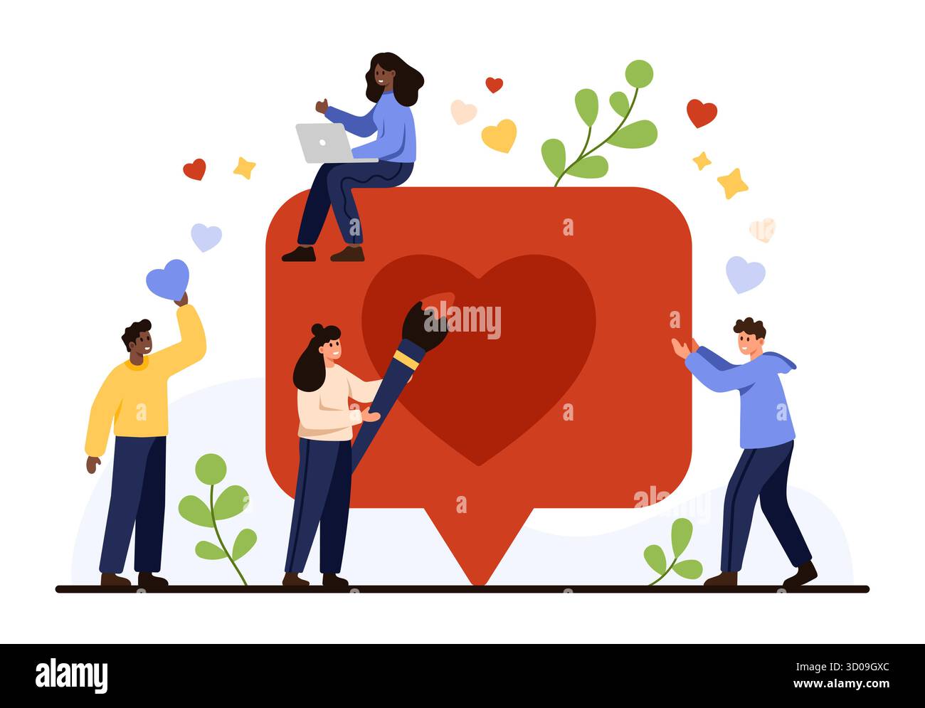 Group of diverse people interacting with a large red like icon, heart ...