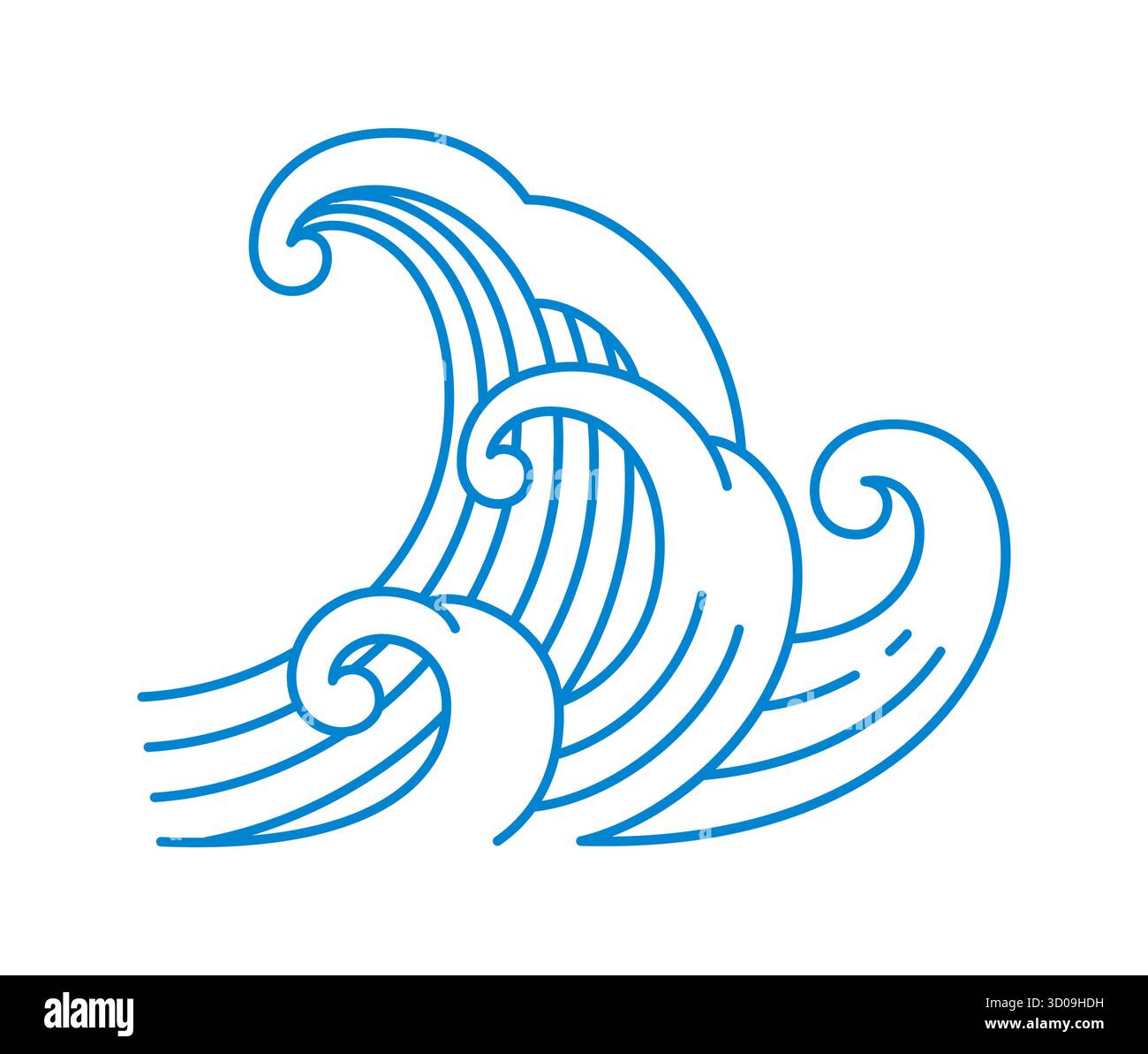 Asian sea, Chinese blue curly wave icon or sign. Japanese ocean wind ...