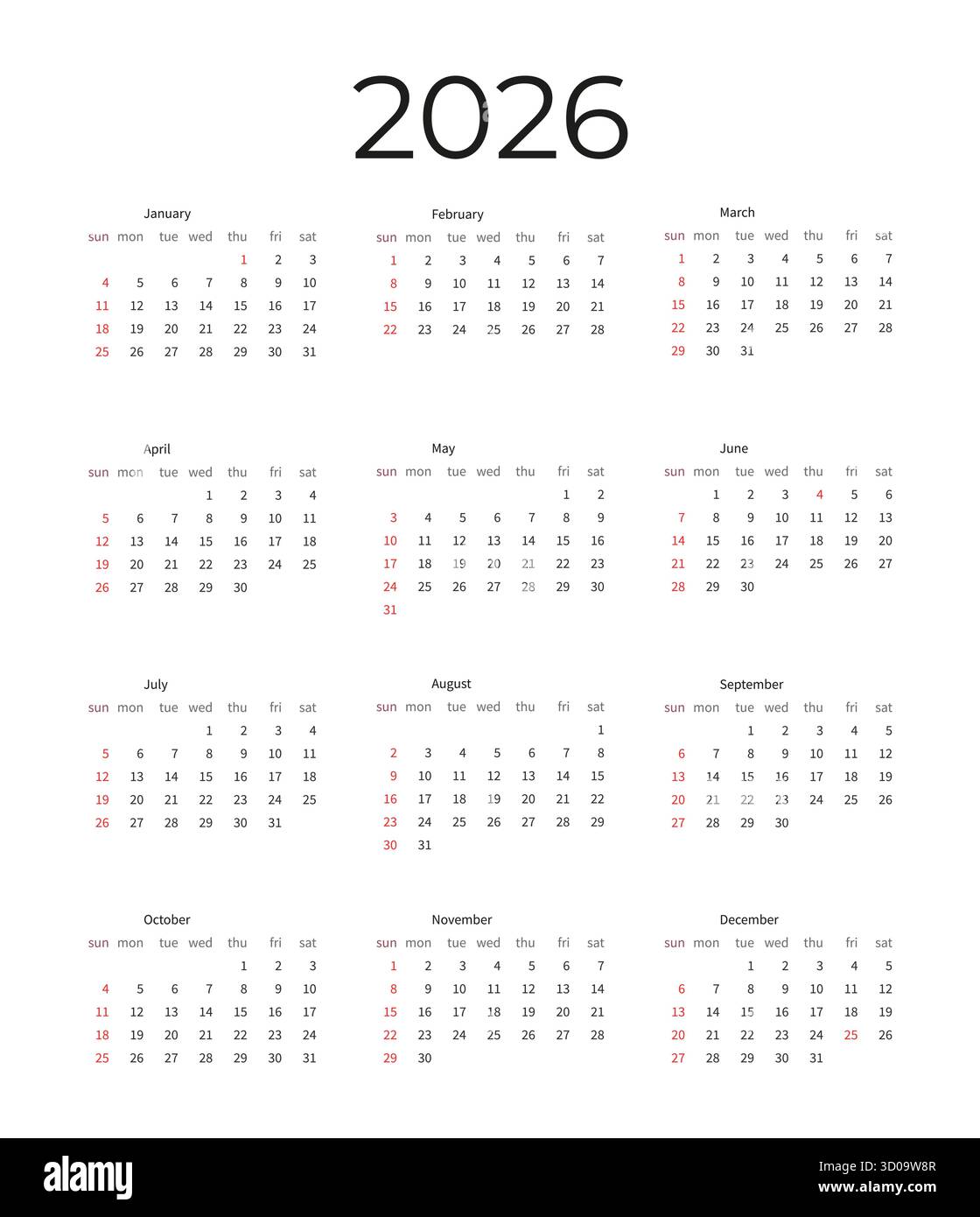 Minimalist 2026 desk calendar template, week starts on Sunday. Perfect ...