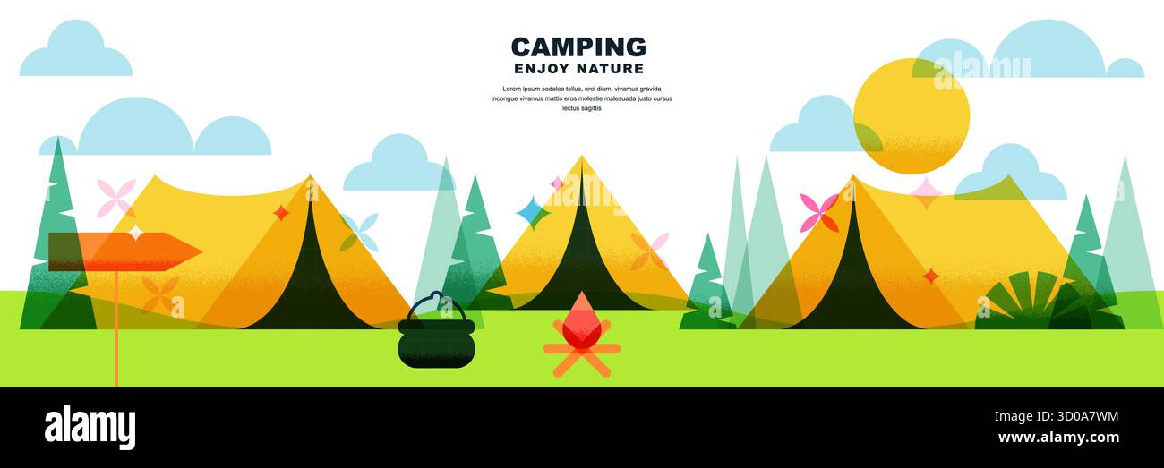Vector illustration of camping with three tents in forest, pine trees ...