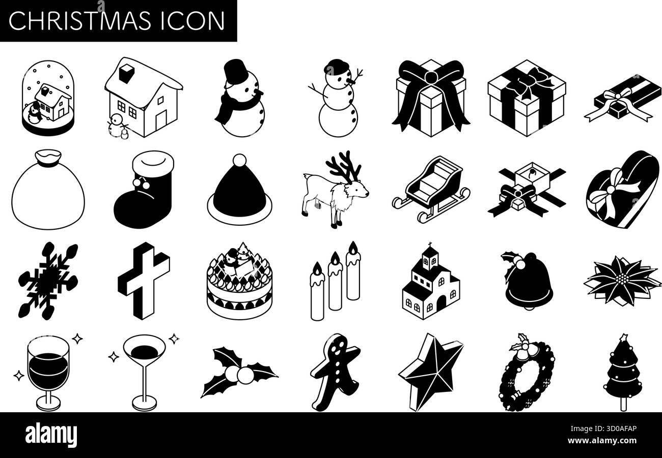 Christmas line drawing icon set Cute isometric illustrations of snowmen, trees, wreaths, and other cute winter isometric illustrations, black and whit Stock Vector