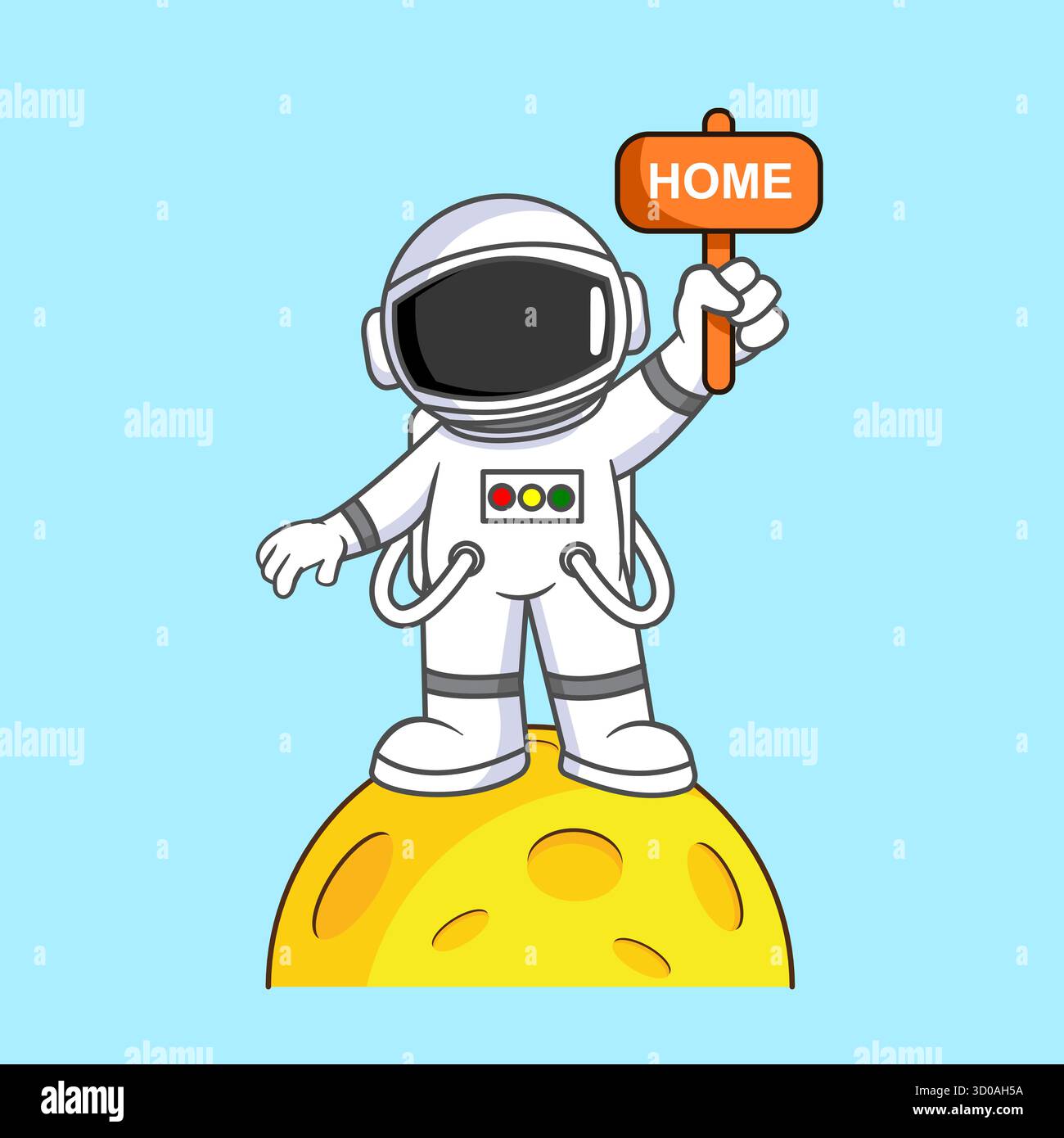 Astronaut on Moon Holding Home Sign Vector Illustration Cartoon Design Stock Vector