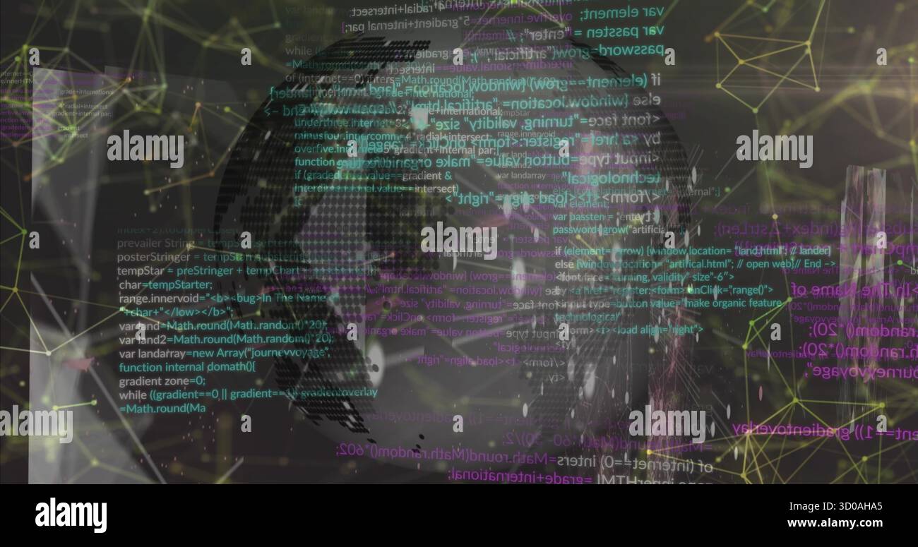 Displaying stylized world map floating in dark space with glowing network nodes and code overlays Stock Photo