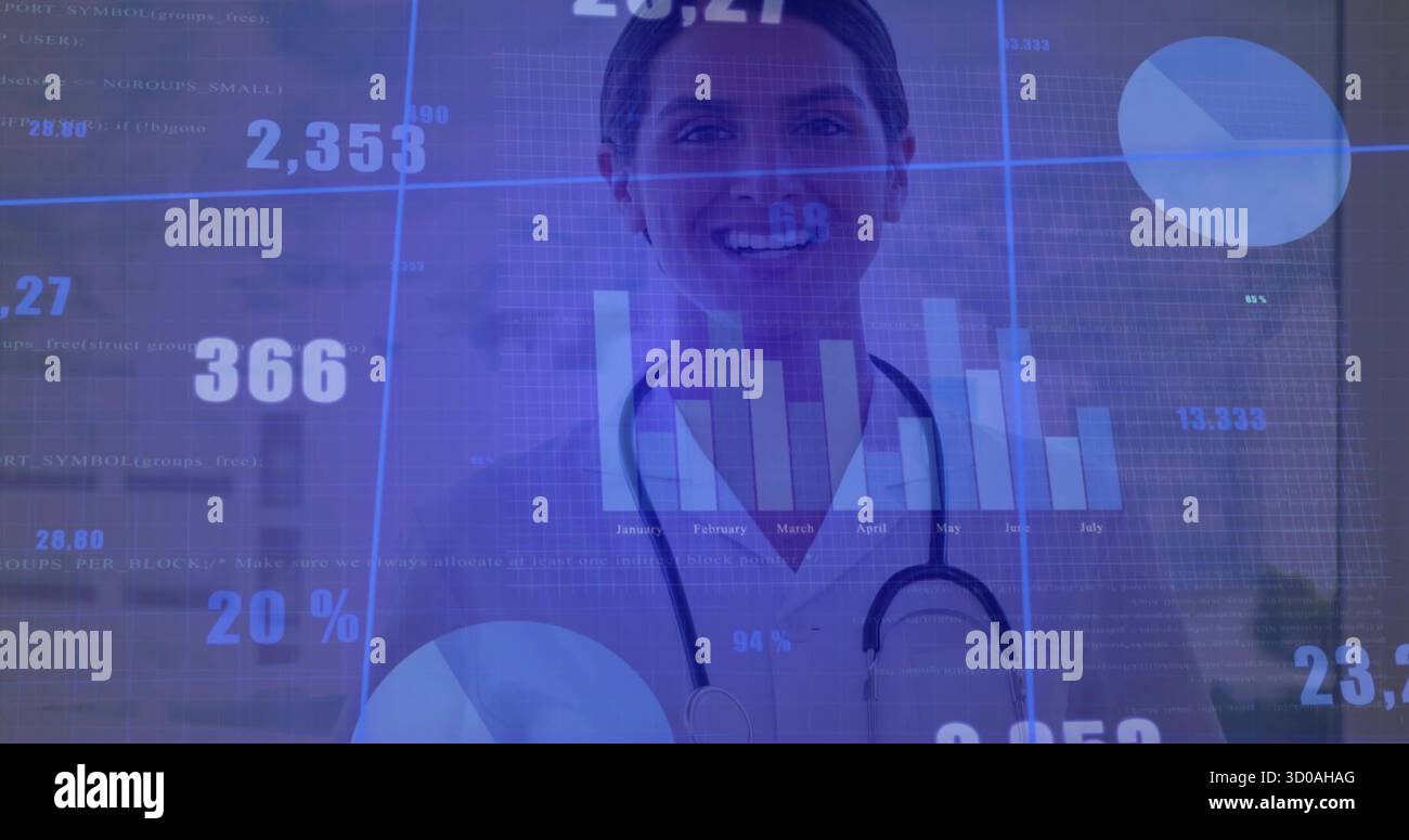 Standing female doctor displaying bar and pie chart overlays in medical office with stethoscope Stock Photo
