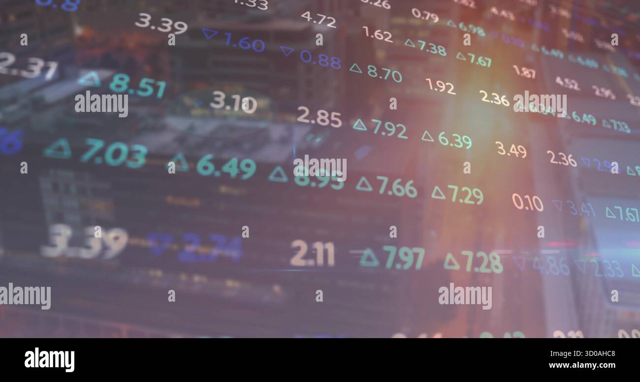 Floating market data overlay across blurred city skyline at dusk, with ...