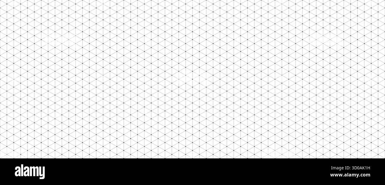 Black seamless isometric grid paper. Dotted triangular blueprint repeating pattern. Graph guide background for engineering, architect, technical drawing. Vector lined ruler sheet page template Stock Vector