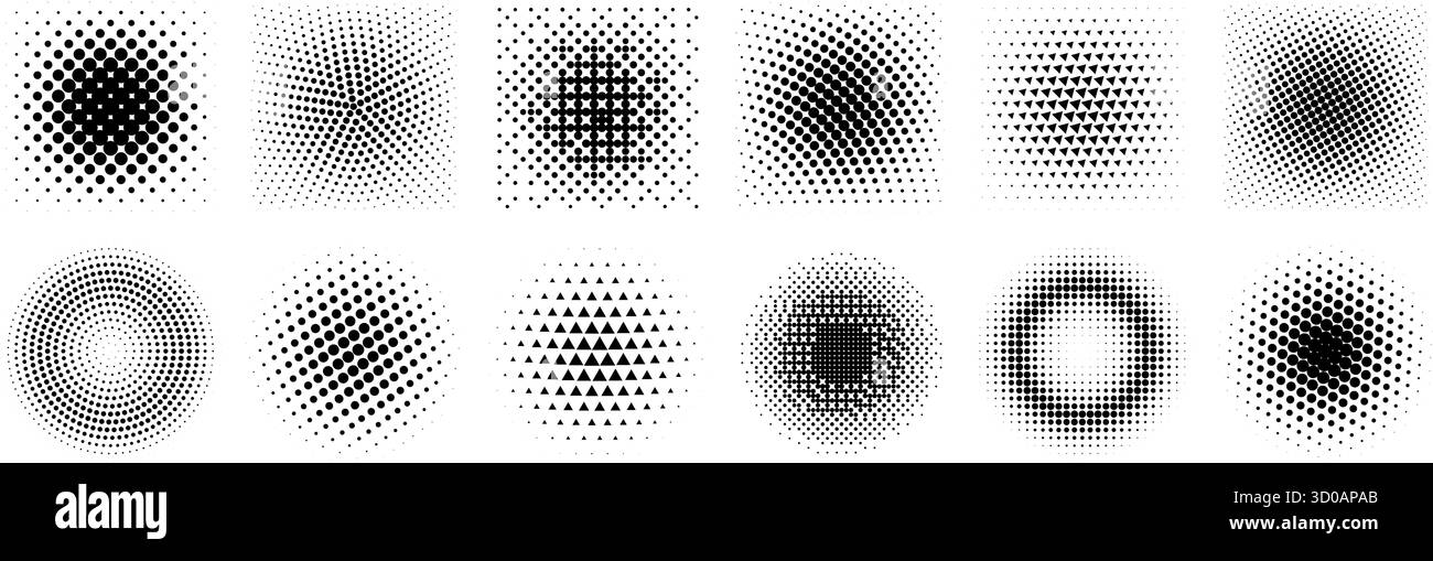 Halftone gradient set. Dotted textured round and square patterns. Cartoon faded background collection. Pixelated bitmap element pack for frame, poster, collage, banner. Vector comic bundle Stock Vector