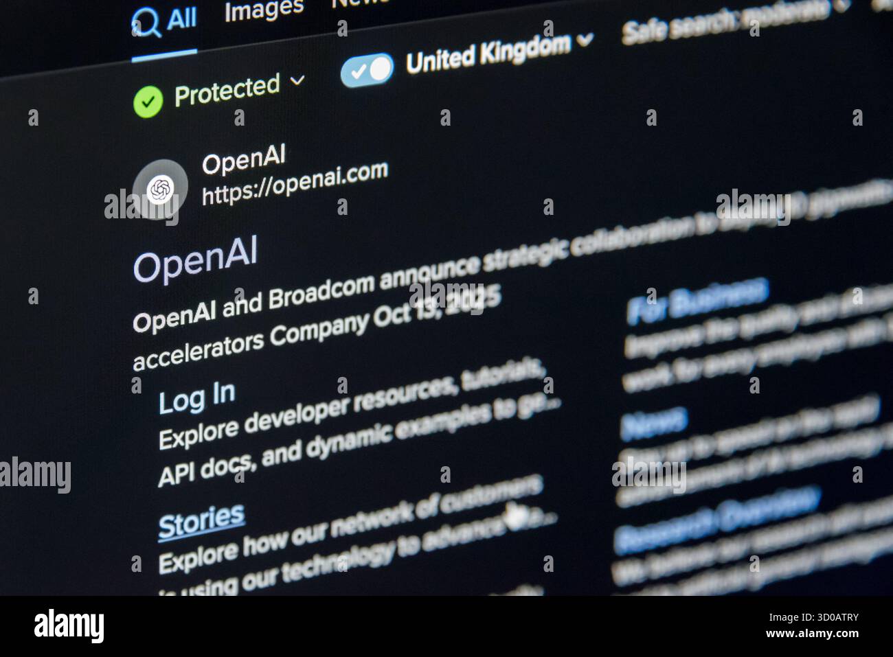 Open AI search result in google on screen Stock Photo