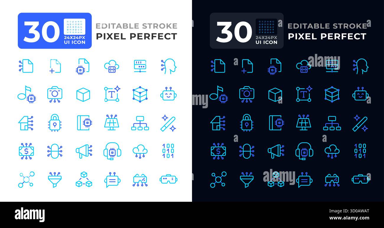 Software development colorful line ui icons set for light and dark mode Stock Vector