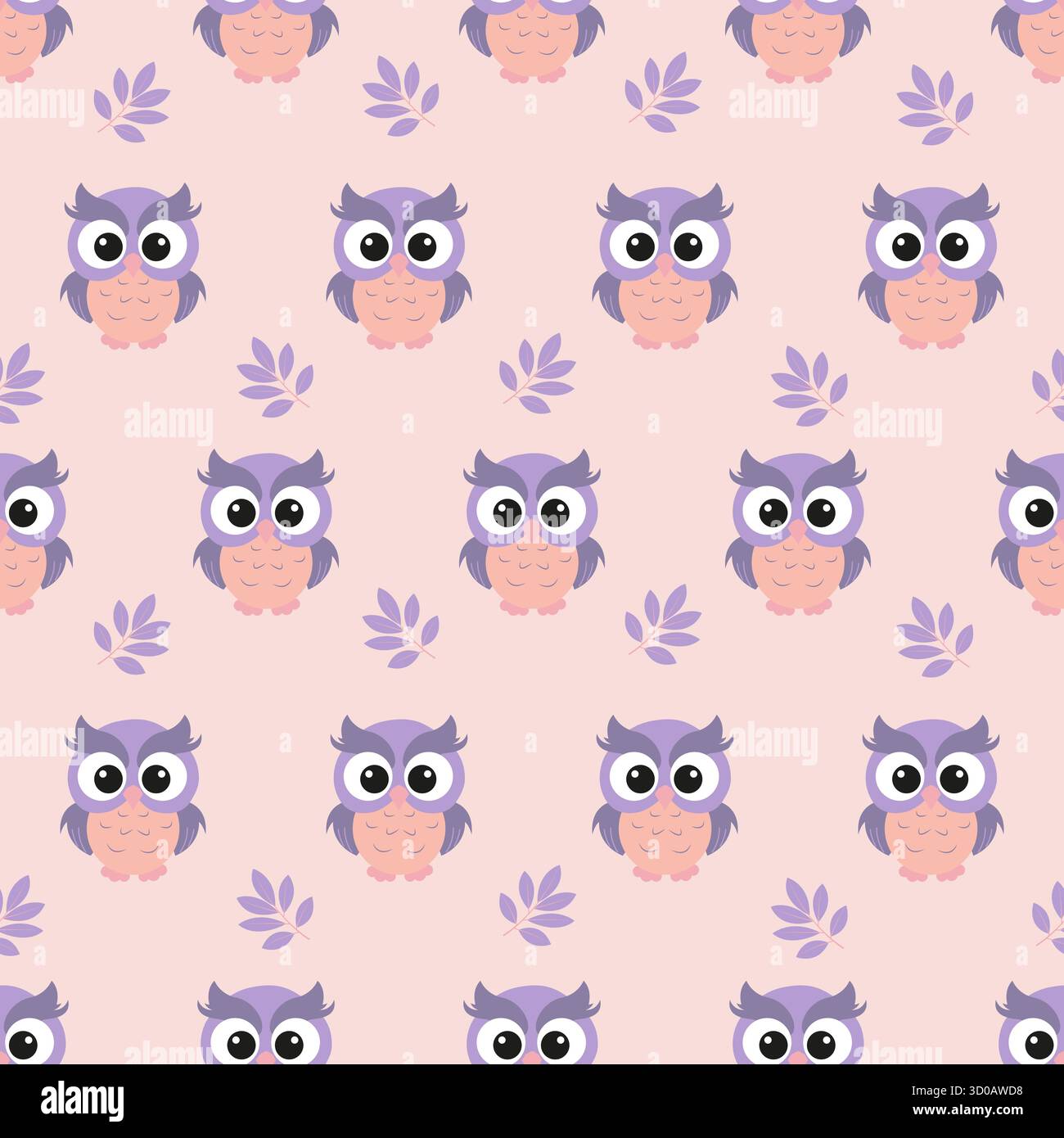 Seamless pattern with cute owls and leaves. Stock Vector