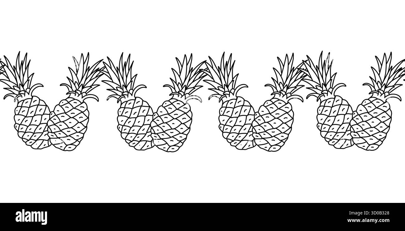 Seamless doodle border with pineapples. Tropical fruit vector line pattern for summer projects, packaging, or textile. Stock Vector