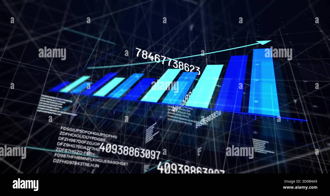 Displaying 3D bar chart rising across virtual grid network, with floating numeric labels and code Stock Photo